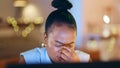 Stress, headache and deadline with a business black woman in her office at night for overtime work. Depression, fail or Royalty Free Stock Photo