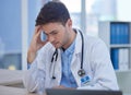 Stress, headache and doctor with burnout sitting at his desk feeling depressed with in pain in hospital. Mental health Royalty Free Stock Photo