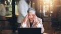 Stress, headache and laptop with business woman in office for fatigue, anxiety and report. Mental health, burnout and Royalty Free Stock Photo