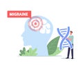 Stress, Headache Migraine Fatigue Concept. Tiny Male Character Hold Huge DNA Spiral at Human Head with Red Area in Brain