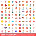 100 stress icons set, cartoon style