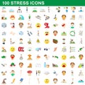 100 stress icons set, cartoon style