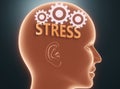 Stress inside human mind - pictured as word Stress inside a head with cogwheels to symbolize that Stress is what people may think