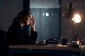 Stress, laptop and business woman at night working on project, planning report and strategy deadline. Burnout, dark Royalty Free Stock Photo