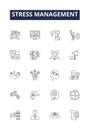 Stress management line vector icons and signs. Relaxation, Exercise, Meditation, Humor, Socializing, Gratitude, Sleep