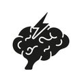 Stress, Mental Problem Silhouette Icon. Migraine, Cephalalgia, Depression Glyph Pictogram. Human Brain with Lightning