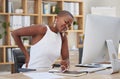 Stress, office or black woman with back pain injury, fatigue or burnout in business or startup company. Posture problems Royalty Free Stock Photo