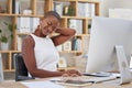 Stress, office or black woman with neck pain injury, fatigue or burnout in business or startup company. Posture problems Royalty Free Stock Photo