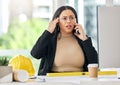 Stress, phone call and architecture with business woman in office for anxiety, communication and building plans