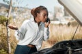 Stress, phone call and black woman with stuck car in the road with frustration for engine problem emergency. Transport
