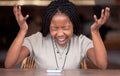 Stress, phone and screaming with black woman in cafe for glitch, social media news and online scam. Burnout, angry and