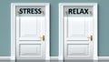Stress and relax as a choice - pictured as words Stress, relax on doors to show that Stress and relax are opposite options while Royalty Free Stock Photo