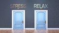 Stress and relax as a choice - pictured as words Stress, relax on doors to show that Stress and relax are opposite options while Royalty Free Stock Photo