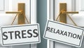 Stress or relaxation as a choice in life - pictured as words Stress, relaxation on doors to show that Stress and relaxation are