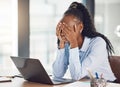 Stress, sad and burnout business woman in office with laptop from depression, mental health or anxiety. Employee with Royalty Free Stock Photo