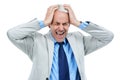 Stress, shouting and senior business man in studio with anxiety, fear or mistake on white background. Screaming, anger Royalty Free Stock Photo