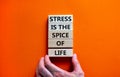 Stress spice of life symbol. Concept words Stress is the spice of life on wooden blocks. Businessman hand. Beautiful orange