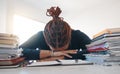 Stress, study and books with black woman sleeping at desk from burnout, tired or depression. Education, learning and