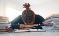 Stress, study and books with black woman sleeping at desk from burnout, tired or depression. Education, learning and