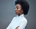 Stress, thinking and black woman with mental health, anxiety and focus on studio background. African American female Royalty Free Stock Photo