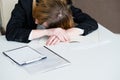 Stress tiredness overworking exhausted woman desk