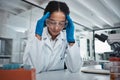 Stress, woman or scientist with headache in a laboratory suffering from burnout, migraine pain or overworked. Exhausted