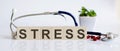 STRESS the word is written on the wooden cubes and sthetoscope and piils . Medical concept Royalty Free Stock Photo