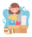 Stress at work, exhausted female employee with stack of documents books on box and coffee cups