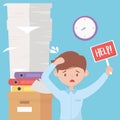 Stress at work, stressed worker with help board pile of documents binders on box and clock