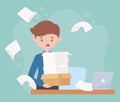 Stress at work, tired employee with pile of papes laptop on desk