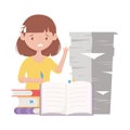 Stress at work, worried female employee with stack papers and books