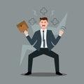 Stress at workplace. Furious businessman experiencing nervous breakdown or professional burnout at office, throwing