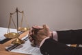 Stress worry probleme. Businessman of lawyer sitting office working contract papers on wood table.Selective Focus Royalty Free Stock Photo