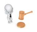 Stressed 3d small person and lawyer's hammer.