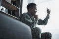 Stressed african american soldier crying and Royalty Free Stock Photo