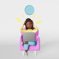 Stressed African American woman employee 3d character working on laptop Deadline Schedule Planning Productivity Strategy