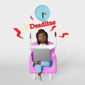 Stressed African American woman employee 3d character working on laptop Deadline Schedule Planning Productivity Strategy