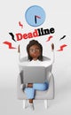 Stressed African American woman employee 3d character working on laptop Deadline Schedule Planning Productivity Strategy
