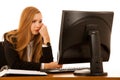 Stressed anxious business woman stare in monitor in her office