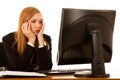 Stressed anxious business woman stare in monitor in her office