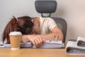 Stressed Asian woman having Tired and Sleepy while working, female businesswoman having headache at office, Exhausted woman with