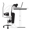 Stressed black employee putting head down on desk black and white 2D line cartoon character