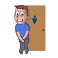 Stressed guy wanting to pee stands in front of a WC door. Isolated cartoon illustration on a white backgroud. Cartoon
