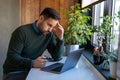Stressed business man crypto trader broker investor analyzing stock exchange market crypto trading
