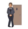 Stressed businessman wanting to pee stands in front of a WC door. Isolated illustration on white backgroud. Cartoon