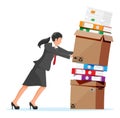 Stressed businesswoman pushing pile of documents