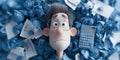Stylized 3D Character Surrounded by Debt Symbols, Bills, and Calculator Showing Financial Stress Expression Royalty Free Stock Photo