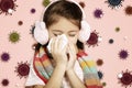 Stressed child wearing Protection Mask against flu virus background