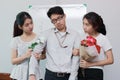 Stressed complicated relationship between three people. Love triangle concept. Royalty Free Stock Photo