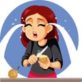 Crying Woman Peeling Onions in the Kitchen Vector Illustration